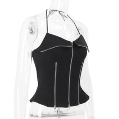 Zip-up halter solid backless top