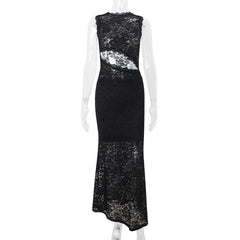 Sleeveless lace hollow out maxi skirt set