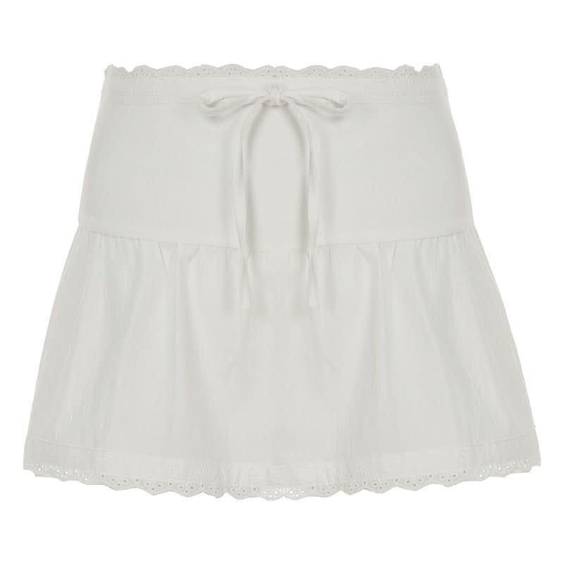 Zip-up lace hem ruched A line self tie mini skirt
