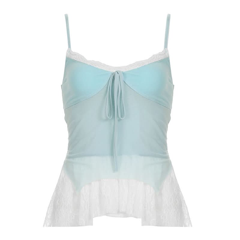 Lace hem v neck backless self tie cami top