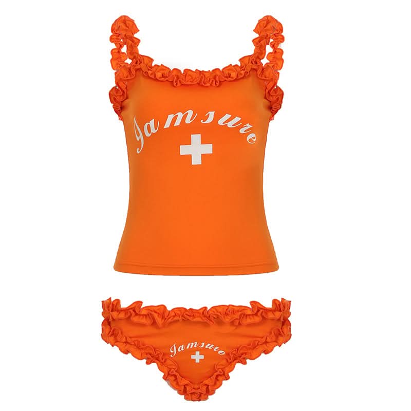 Ruffle letter pattern u neck cami pant set