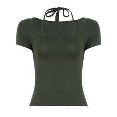 Short sleeve halter self tie square neck top