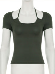Short sleeve halter self tie square neck top