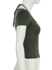 Short sleeve halter self tie square neck top
