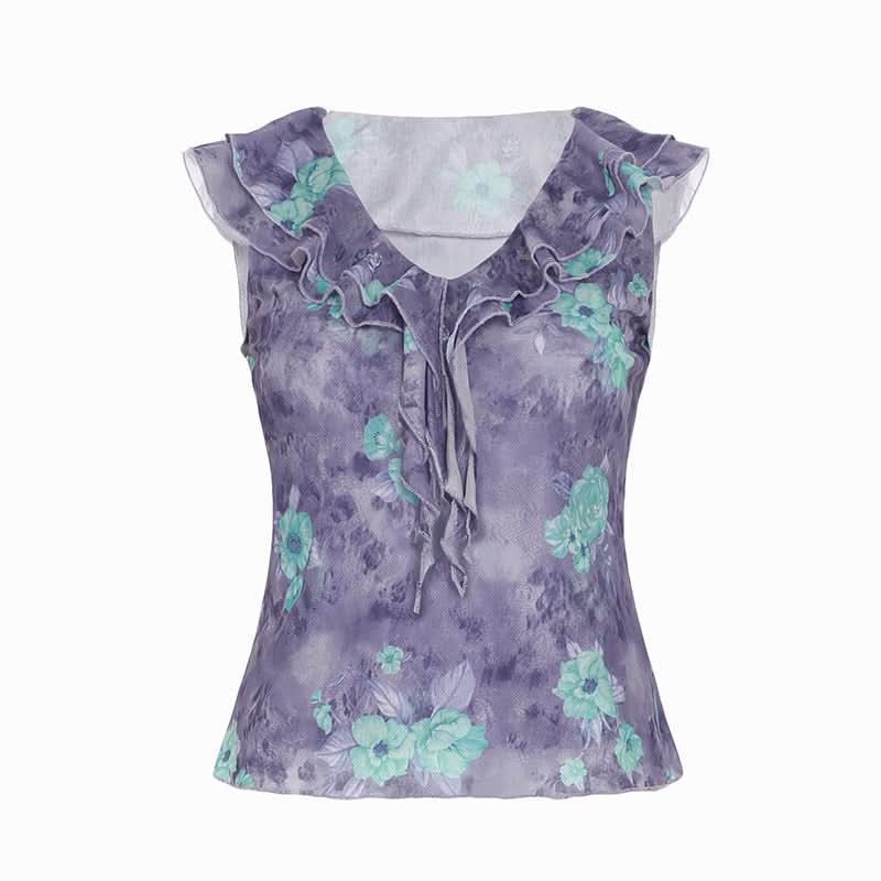 Ruffle mesh flower print v neck top