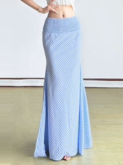 Plaid smocked zip-up contrast maxi skirt