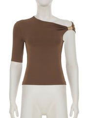 Short sleeve irregular ruched solid top
