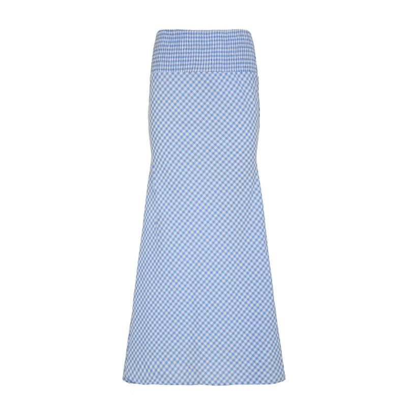 Plaid smocked zip-up contrast maxi skirt