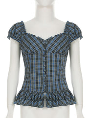 Ruffle plaid ruched v neck cap sleeve top