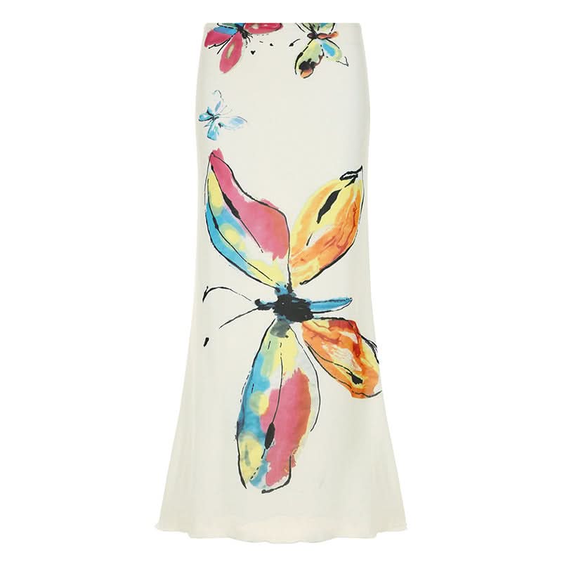 Mesh butterfly print contrast maxi skirt