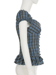 Ruffle plaid ruched v neck cap sleeve top