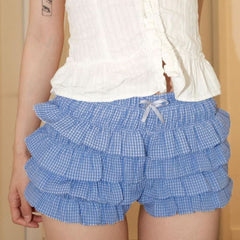 Bowknot ruffle plaid low rise short pant