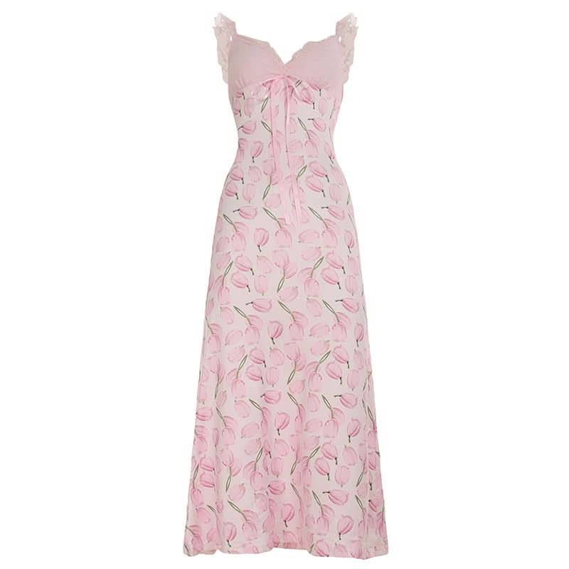 V neck lace hem flower print cami midi dress