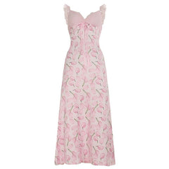 V neck lace hem flower print cami midi dress