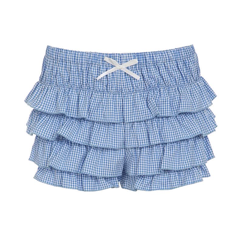 Bowknot ruffle plaid low rise short pant