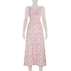 V neck lace hem flower print cami midi dress