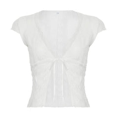Lace cap sleeve v neck self tie solid top