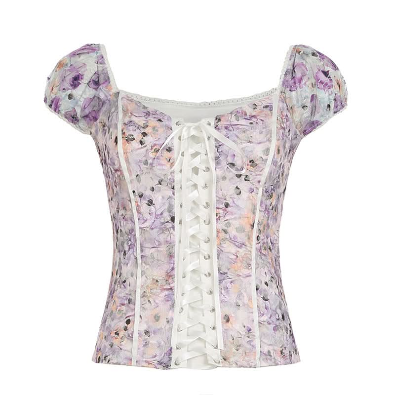 Lace up flower print puff sleeve v neck top