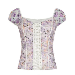 Lace up flower print puff sleeve v neck top
