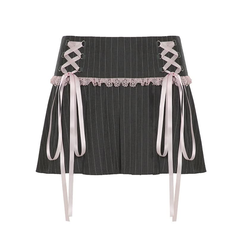 A line pleated lace hem zip-up ribbon mini skirt