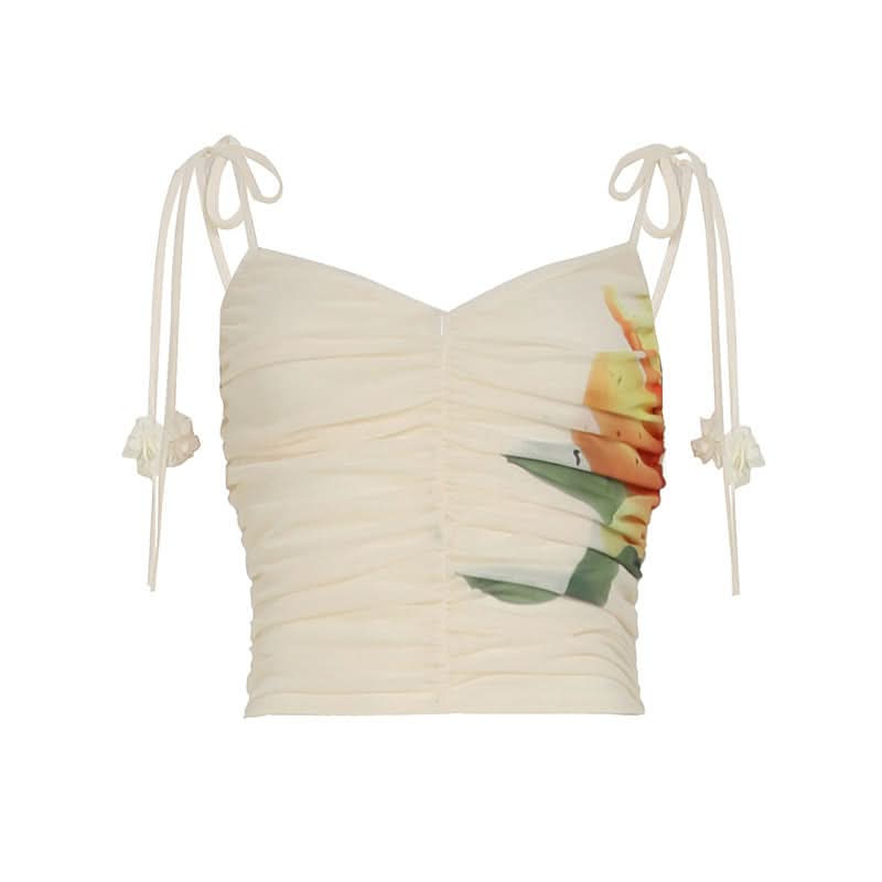 Ruched v neck mesh print self tie cami top