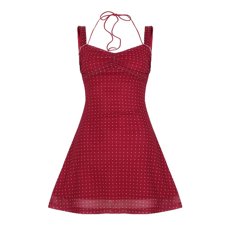 Polka dot ruched mesh v neck halter mini dress