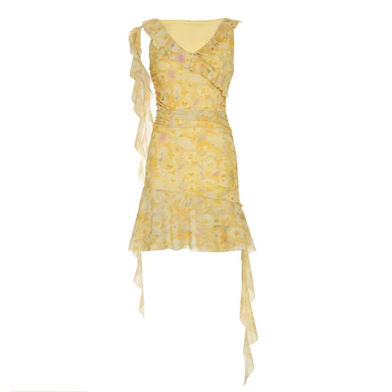 Mesh ruffle v neck print irregular mini dress