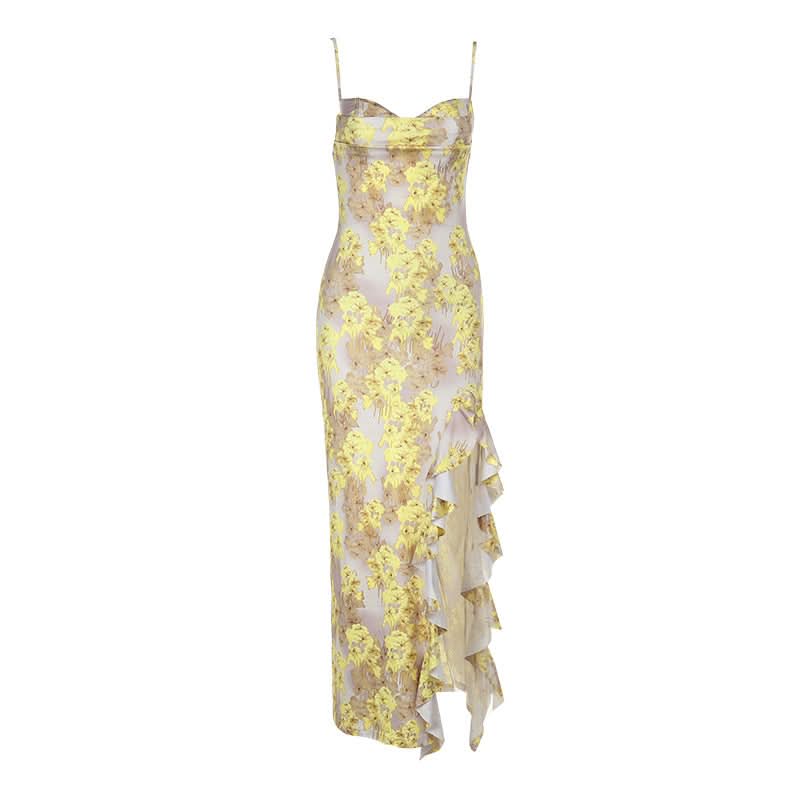 Flower print ruffle slit cami maxi dress