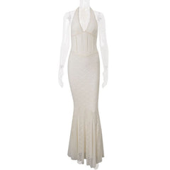 V neck backless halter lace mesh maxi dress