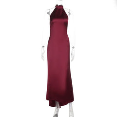 Satin halter backless solid maxi dress