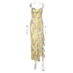 Flower print ruffle slit cami maxi dress
