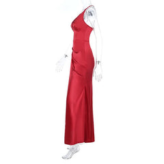Satin v neck ruched backless cami maxi dress