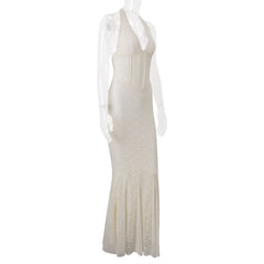 V neck backless halter lace mesh maxi dress