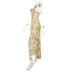 Flower print ruffle slit cami maxi dress