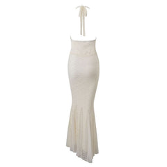 V neck backless halter lace mesh maxi dress