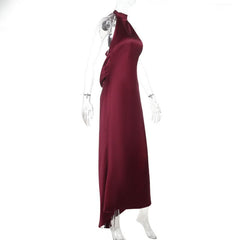 Satin halter backless solid maxi dress