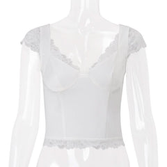Cap sleeve lace hem v neck top
