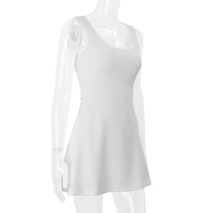 U neck self tie solid mini dress
