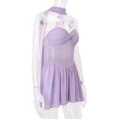 Sweetheart neck mesh solid backless mini dress