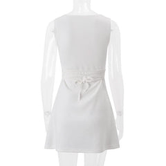 U neck self tie solid mini dress