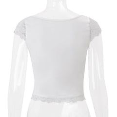 Cap sleeve lace hem v neck top
