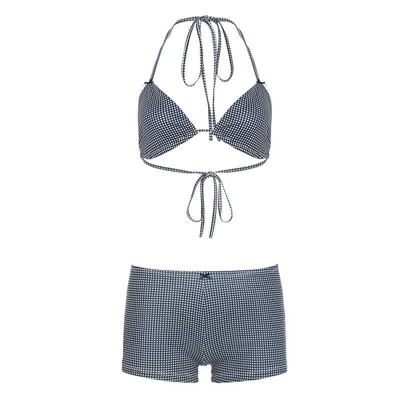 Plaid self tie halter bowknot low rise pant set
