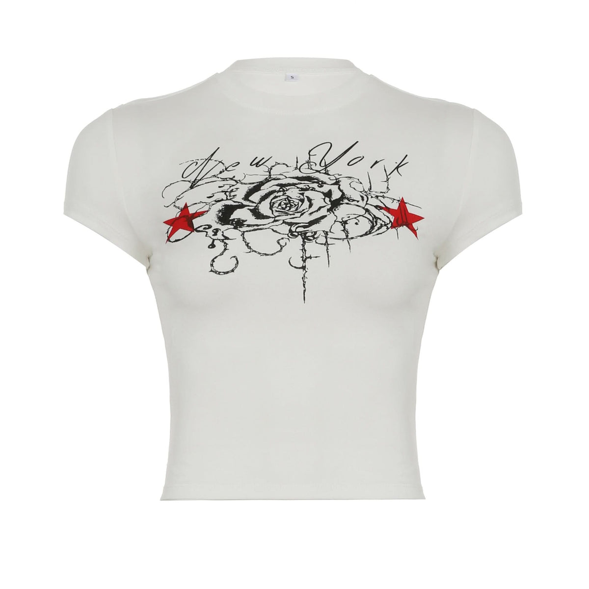 Crewneck short sleeve rose print contrast top