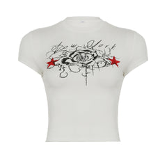 Crewneck short sleeve rose print contrast top