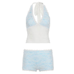 Lace v neck halter self tie low rise pant set