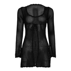 Long sleeve hollow out self tie round neck cut out top