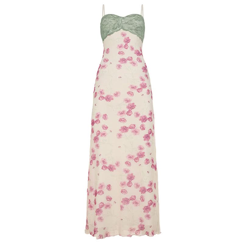 Mesh flower print backless cami maxi dress