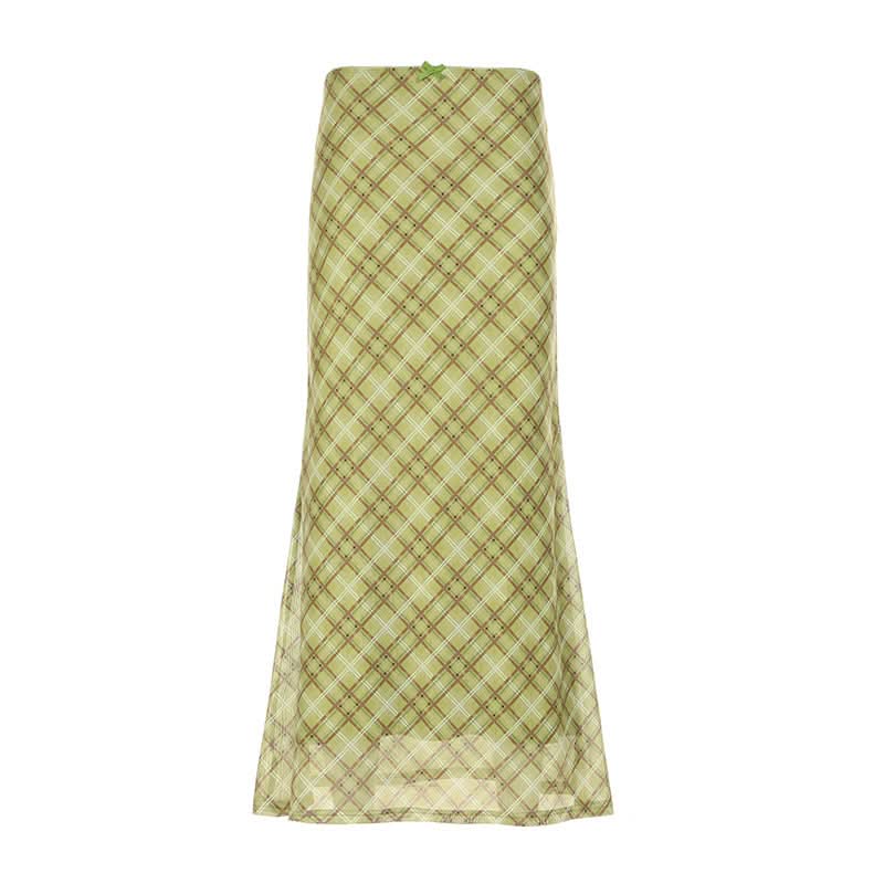 Bowknot plaid mesh contrast midi skirt