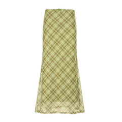 Bowknot plaid mesh contrast midi skirt
