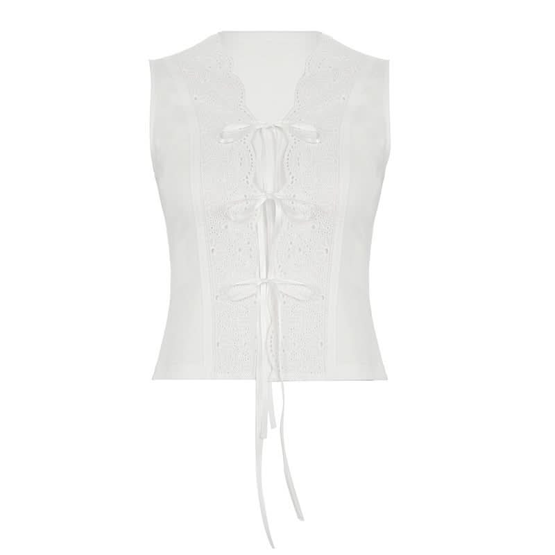Self tie hollow out v neck ribbed solid cut out top